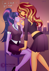 Size: 2080x3000 | Tagged: safe, artist:xjenn9, sci-twi, sunset shimmer, twilight sparkle, human, equestria girls, g4, breasts, clothes, duo, duo female, female, high heels, high res, holding hands, lesbian, ponytail, ship:sci-twishimmer, ship:sunsetsparkle, shipping, shoes, skirt