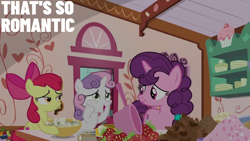 Size: 2000x1125 | Tagged: safe, edit, edited screencap, editor:quoterific, screencap, apple bloom, sweetie belle, earth pony, pony, unicorn, g4, the big mac question, food, pot, strawberry