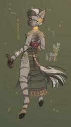 Size: 758x1356 | Tagged: safe, artist:keeiwo, zecora, zebra, anthro, unguligrade anthro, g4, bottle, clothes, dress, loincloth, looking back, loose hair, short hair, solo, tribal, tribal markings