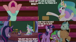 Size: 2000x1125 | Tagged: safe, edit, edited screencap, editor:quoterific, screencap, on stage, princess celestia, raspberry beret, spike, twilight sparkle, alicorn, pony, g4, horse play, chair, chalkboard, clipboard, crying, quill, school of friendship, stage, twilight sparkle (alicorn), wavy mouth