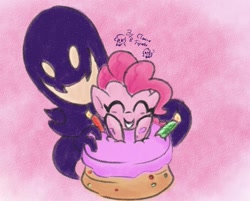 Size: 935x751 | Tagged: safe, artist:fipoki, pinkie pie, earth pony, pony, g4, cake, eyes closed, female, food, mare, signature, smiling, snatcher