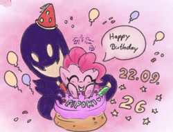 Size: 1128x867 | Tagged: safe, artist:fipoki, pinkie pie, earth pony, pony, g4, balloon, birthday, cake, eyes closed, female, food, happy birthday, mare, signature, smiling, snatcher