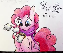 Size: 1122x946 | Tagged: safe, artist:fipoki, pinkie pie, earth pony, pony, g4, 2021, chocolate, clothes, cute, diapinkes, female, food, hoof hold, hot chocolate, mare, marshmallow, mug, old art, scarf, signature, simple background, solo, traditional art, white background