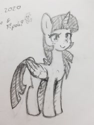 Size: 1357x1809 | Tagged: safe, artist:fipoki, twilight sparkle, alicorn, pony, g4, female, folded wings, grayscale, horn, mare, monochrome, signature, simple background, smiling, solo, traditional art, twilight sparkle (alicorn), white background, wings