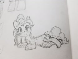 Size: 1896x1422 | Tagged: safe, artist:fipoki, pinkie pie, earth pony, pony, g4, female, grayscale, looking at you, lying down, mare, monochrome, on side, simple background, smiling, solo, traditional art, white background