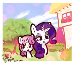 Size: 2021x1740 | Tagged: safe, artist:fipoki, rarity, sweetie belle, pony, unicorn, g4, female, filly, foal, horn, house, mare, open mouth, open smile, siblings, signature, sisters, smiling, traditional art, tree