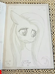 Size: 1536x2048 | Tagged: safe, artist:fipoki, fluttershy, pegasus, pony, g4, female, grayscale, mare, monochrome, sad, signature, solo, traditional art