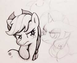 Size: 2048x1668 | Tagged: safe, artist:fipoki, applejack, rarity, earth pony, pony, unicorn, g4, applejack's hat, cowboy hat, female, grayscale, hat, horn, mare, monochrome, simple background, traditional art, white background