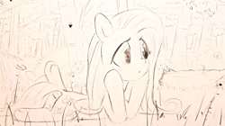 Size: 2048x1150 | Tagged: safe, artist:fipoki, fluttershy, pegasus, pony, g4, female, forest, grayscale, lying down, mare, monochrome, prone, solo, traditional art, tree, underhoof