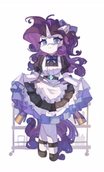 Size: 2483x4096 | Tagged: safe, artist:saxopi, rarity, pony, unicorn, semi-anthro, g4, arm hooves, bottle, bow, clothes, cute, looking at you, maid, raribetes, simple background, skirt, skirt lift, smiling, solo, table, white background