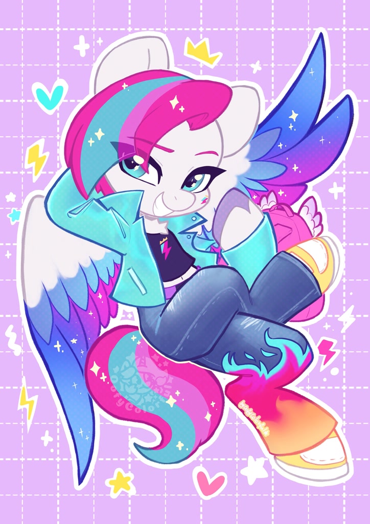 [clothes,female,g5,high res,looking at you,mare,pegasus,pony,safe,semi-anthro,signature,solo,smiling,smiling at you,artist:oofycolorful,zipp storm]
