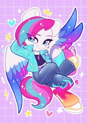 Size: 2381x3368 | Tagged: safe, artist:oofycolorful, zipp storm, pegasus, pony, semi-anthro, g5, adorazipp, backpack, clothes, colored wings, cute, denim, eye clipping through hair, eyebrows, eyebrows visible through hair, female, gradient wings, grin, heart, high res, jeans, looking at you, mare, multicolored wings, pants, signature, smiling, smiling at you, solo, spread wings, teeth, unshorn fetlocks, wings