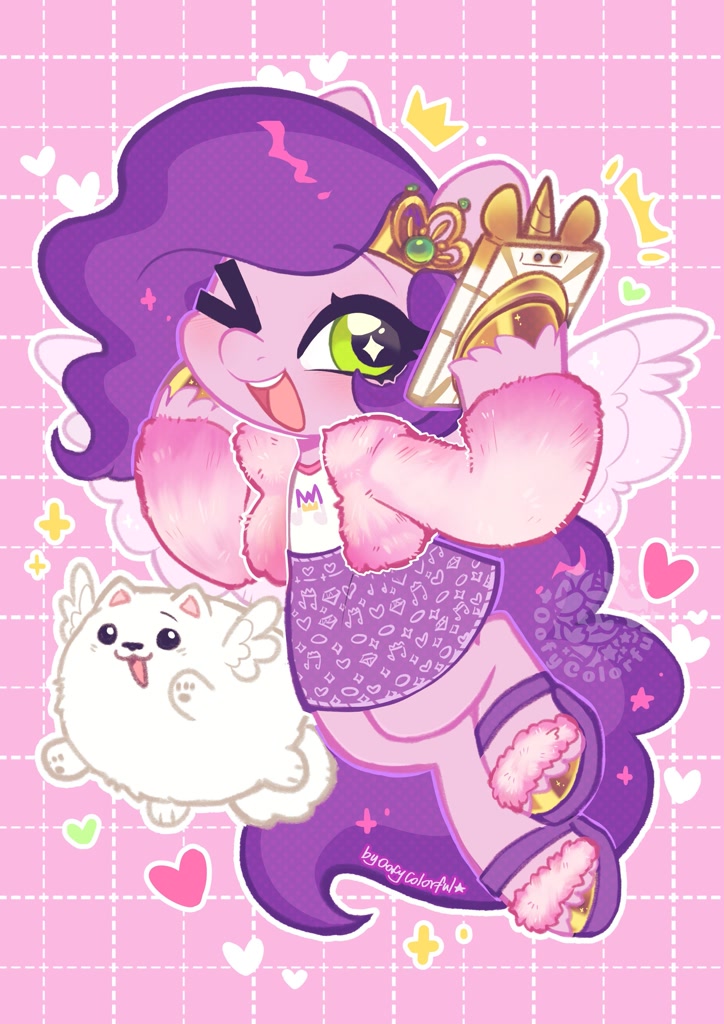 [clothes,cute,dog,duo,female,g5,heart,high res,mare,open mouth,pegasus,pony,safe,signature,pomeranian,one eye closed,selfie,artist:oofycolorful,winged dog,adorapipp,pipp petals,cloudpuff,flying pomeranian]