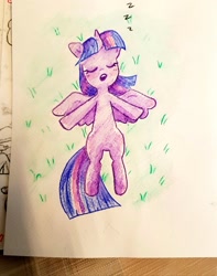 Size: 1612x2048 | Tagged: safe, artist:fipoki, twilight sparkle, alicorn, pony, g4, cute, eyes closed, female, grass, horn, lying down, mare, on back, onomatopoeia, open mouth, pencil drawing, sleeping, sound effects, spread wings, traditional art, twiabetes, twilight sparkle (alicorn), wings, zzz
