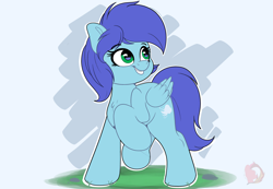 Size: 2870x1982 | Tagged: safe, artist:joaothejohn, oc, oc only, oc:wind fury, pegasus, pony, blue background, commission, cute, cyan background, grass, looking up, pegasus oc, raised hoof, simple background, smiling, solo, walking, wings