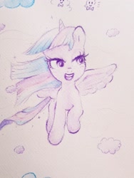 Size: 1536x2048 | Tagged: safe, artist:fipoki, twilight sparkle, alicorn, pony, g4, cloud, female, flying, horn, mare, open mouth, solo, spread wings, traditional art, twilight sparkle (alicorn), windswept mane, wings