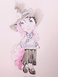 Size: 1536x2048 | Tagged: safe, artist:fipoki, pinkie pie, earth pony, pony, semi-anthro, g4, arm hooves, bipedal, clothes, female, harry potter (series), hat, hogwarts, mare, simple background, skirt, smiling, solo, sweater, traditional art, white background, witch, witch hat