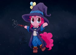 Size: 1443x1047 | Tagged: safe, artist:fipoki, pinkie pie, earth pony, pony, semi-anthro, g4, arm hooves, balloon, bipedal, cloak, clothes, female, harry potter (series), hat, hogwarts, hoof hold, magic wand, mare, shoes, signature, smiling, solo, wand, witch, witch hat