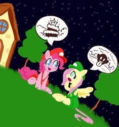 Size: 640x680 | Tagged: safe, artist:fipoki, fluttershy, pinkie pie, earth pony, pegasus, pony, g4, cap, clothes, cute, female, hat, house, luigi, luigi's hat, male, mare, mario, mario's hat, open mouth, overalls, sitting, speech bubble, spread wings, stars, super mario bros., talking, tree, wings