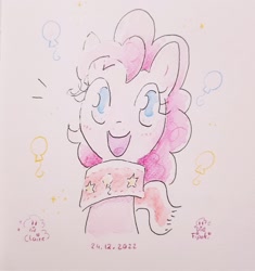 Size: 1929x2048 | Tagged: safe, artist:fipoki, pinkie pie, earth pony, pony, g4, bust, clothes, cute, diapinkes, female, looking at you, mare, open mouth, open smile, scarf, signature, smiling, solo, traditional art