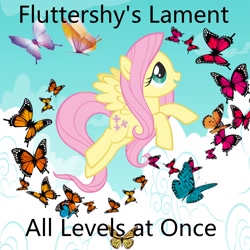 Size: 1200x1200 | Tagged: safe, artist:all levels at once, artist:user15432, fluttershy, butterfly, pegasus, pony, g4, album, album cover, all levels at once, blue sky, cloud, fluttershy's lament, flying, open mouth, sky, smiling