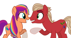 Size: 1951x1045 | Tagged: safe, artist:lavender-bases, artist:sproutscoutotp, sprout cloverleaf, sunny starscout, earth pony, pony, g4, g5, base used, coat markings, couple, female, g5 to g4, generation leap, looking at each other, male, mane stripe sunny, mare, multicolored hair, multicolored mane, now kiss, raised hoof, ship:sunnyclover, shipping, simple background, smiling, smiling at each other, socks (coat markings), stallion, straight, transparent background