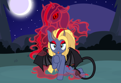 Size: 3130x2143 | Tagged: safe, artist:badumsquish-edits, derpibooru exclusive, star tracker, oc, oc only, ghost, incubus, monster pony, original species, succubus, undead, g4, :p, alternate hairstyle, bedroom eyes, bush, devil tail, ethereal mane, eyeshadow, female, femboy, field, floating, folded wings, forked tongue, freckles, full moon, high res, horns, long mane, looking at you, makeup, male, moon, night, possessed, show accurate, smoke, solo, species swap, starcrossed, stars, tail, this will end in snu snu, this will end in snu-snu, tongue out, trap, tree, wings