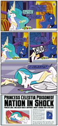 Size: 1920x4169 | Tagged: safe, artist:alexdti, princess celestia, princess luna, alicorn, pony, g4, coffin, comic, commission, corpse, crossed hooves, dead, death, eating, female, hooves to the chest, lying down, mare, newspaper, on back
