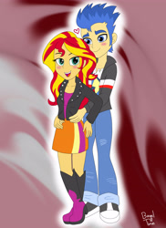 Size: 2975x4091 | Tagged: safe, artist:bageloftime, flash sentry, sunset shimmer, human, equestria girls, g4, blushing, duo, female, male, ship:flashimmer, shipping, straight