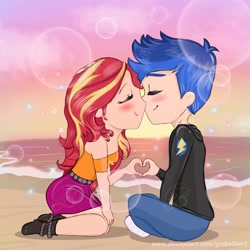 Size: 1280x1280 | Tagged: safe, artist:gisbelleart, flash sentry, sunset shimmer, human, equestria girls, g4, beach, blushing, chibi, duo, eyes closed, female, heart hands, human coloration, imminent kissing, male, ship:flashimmer, shipping, straight