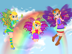 Size: 4000x3000 | Tagged: safe, artist:erockertorres, artist:user15432, artist:yaya54320bases, fairy, human, hylian, equestria girls, g4, barely eqg related, base used, believix, blue sky, boots, clothes, cloud, crossover, crown, dress, ear piercing, earring, equestria girls style, equestria girls-ified, fairies, fairies are magic, fairy wings, fairyized, fingerless gloves, flapping, flapping wings, fluttering, flying, gloves, green dress, green wings, high heel boots, high heels, jewelry, linkle, looking at you, necklace, one eye closed, piercing, pink dress, pink wings, princess zelda, purple dress, purple wings, rainbow, regalia, shoes, sky, smiling, the legend of zelda, toon zelda, trio, wings, wink, winking at you, winx, winx club, winxified