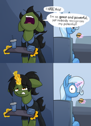 Size: 2268x3124 | Tagged: safe, artist:moonatik, trixie, oc, oc:grim fate, pony, unicorn, g4, 2 panel comic, angry, burger, comic, drink, duo, fast food, female, food, high res, horn, magic, mare, surprised, table, talking to herself, tired, tray, unicorn oc
