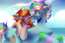 Size: 4140x2742 | Tagged: safe, artist:kiskka, oc, oc only, oc:azure star (fauli1221), oc:funny jo, alicorn, pony, unicorn, alicorn oc, closed mouth, cloud, commission, duo, eyes closed, eyes open, female oc, horn, kissing, male oc, multicolored mane, multicolored tail, stripes, tail, unicorn oc, wings, your character here