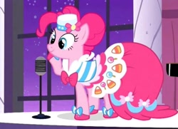 Size: 2144x1555 | Tagged: safe, screencap, pinkie pie, earth pony, pony, g4, the best night ever, canterlot, canterlot castle, clothes, dress, female, gala dress, grand galloping gala, microphone, musical instrument, piano, pinkie pie's first gala dress, stage
