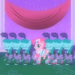 Size: 1586x1564 | Tagged: safe, screencap, pinkie pie, earth pony, pony, g4, season 1, the best night ever, can-can, canterlot, clothes, dancing, dress, fantasy, female, gala dress, odd one out, pinkie pie's first gala dress, puffy sleeves