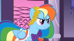 Size: 2160x1198 | Tagged: safe, screencap, rainbow dash, pegasus, pony, g4, my little pony: friendship is magic, the best night ever, alternate hairstyle, angry, canterlot, canterlot castle, clothes, dress, female, gala dress, grand galloping gala, rainbow dash's first gala dress