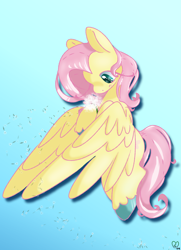 Size: 1000x1385 | Tagged: safe, artist:pagophasia, derpibooru exclusive, fluttershy, pegasus, pony, g4, blue background, colored hooves, cutie mark eyes, dandelion, drop shadow, eye reflection, female, flower, flying, gradient background, hoof hold, hooves together, impossibly long eyelashes, looking at something, looking down, mare, plant, reflection, simple background, solo, spread wings, unshorn fetlocks, wingding eyes, wings