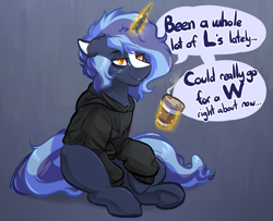 Size: 3296x2680 | Tagged: safe, artist:witchtaunter, oc, oc only, oc:witching hour, pony, unicorn, chest fluff, clothes, coffee, coffee cup, cup, ear fluff, floppy ears, gradient background, high res, hoodie, horn, magic, male, sad, sitting, slouching, solo, speech bubble, stallion, telekinesis, tired, unicorn oc, vent art