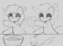 Size: 2313x1687 | Tagged: safe, artist:arwencuack, pinkie pie, rainbow dash, cupcakes hd, g4, cupcake, dancing, food, happy, sketch, sketch dump, smiling