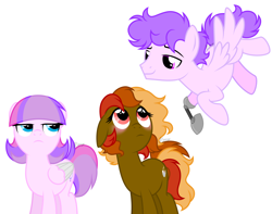 Size: 4200x3304 | Tagged: safe, artist:feather_bloom, oc, oc only, oc:cocoa butter(fb), oc:lueur rose(fb), oc:neon swirl(fb), earth pony, pegasus, pony, g4, amputee, blushing, brother and sister, earth pony oc, female, flying, male, pegasus oc, prosthetic limb, prosthetics, siblings, simple background, twins, white background