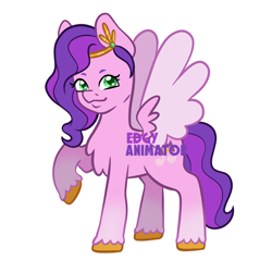 Size: 2000x2000 | Tagged: safe, artist:edgyanimator, pipp petals, pegasus, pony, g5, adorapipp, chest fluff, coat markings, colored wings, crown, cute, female, firealpaca, fluffy wings, green eyes, high res, jewelry, looking at you, mare, markings, pink coat, purple hair, raised hoof, regalia, royalty, simple, simple background, smiling, socks (coat markings), solo, spread wings, tail, unshorn fetlocks, white background, wings