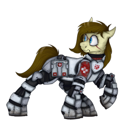 Size: 2300x2300 | Tagged: safe, artist:molars, oc, oc only, oc:dusty heartwood, earth pony, pony, fallout equestria, apoc, armor, blue eyes, brown mane, female, full body, high res, mare, medic, mud, plating, raised leg, scar, shading, simple background, solo, transparent background, weathering, worried