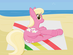 Size: 4423x3319 | Tagged: safe, artist:modera, lily, lily valley, earth pony, pony, g4, beach, beach blanket, butt, featureless crotch, female, lilybutt, mare, plot, solo, underhoof