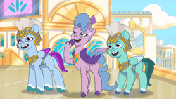 Size: 640x360 | Tagged: safe, screencap, queen haven, thunder flap, zoom zephyrwing, pegasus, pony, clip trot, g5, my little pony: tell your tale, spoiler:g5, spoiler:my little pony: tell your tale, spoiler:tyts01e07, animated, cute, dancing, female, gif, guardsmare, hoof tapping, hoofy-kicks, male, mare, open mouth, pegasus royal guard, rearing, royal guard, stallion, trio