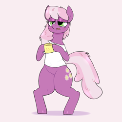 Size: 2000x2000 | Tagged: safe, artist:mclovin, cheerilee, earth pony, pony, g4, bipedal, clothes, coffee, drool, female, high res, mare, morning ponies, shirt, simple background, solo, white background