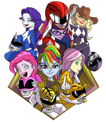 Size: 1280x1471 | Tagged: safe, artist:catsfm, applejack, fluttershy, pinkie pie, rainbow dash, rarity, sci-twi, twilight sparkle, human, equestria girls, g4, clash of hasbro's titans, humane five, humane six, mighty morphin power rangers, open mouth, power rangers, simple background, transparent background