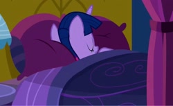 Size: 2160x1321 | Tagged: safe, screencap, twilight sparkle, alicorn, pony, do princesses dream of magic sheep, g4, bed, bedroom, curtains, lamp, pillow, quilt, sleeping, table, twilight sparkle (alicorn), twilight's castle
