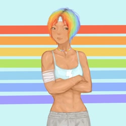 Size: 1280x1280 | Tagged: safe, artist:moni0ka, rainbow dash, human, g4, abs, alternate hairstyle, bandage, belly button, clothes, crossed arms, female, headband, humanized, jewelry, midriff, necklace, pants, rainbow, short shirt, solo, sweatpants