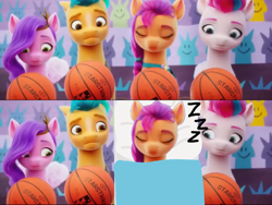 Size: 1024x768 | Tagged: safe, edit, edited screencap, screencap, hitch trailblazer, pipp petals, sunny starscout, zipp storm, earth pony, pegasus, pony, g5, my little pony: a new generation, spoiler:g5, basketball, bed, confused, eyes closed, faic, female, fit right in (g5), group, jewelry, male, mare, onomatopoeia, random, sleeping, sound effects, sports, stallion, tiara, tired, zzz