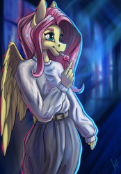 Size: 1640x2360 | Tagged: safe, artist:stirren, fluttershy, anthro, g4, candy, clothes, draw this in your style, drool, drool string, female, food, lollipop, looking away, salivating, solo, standing, tongue out